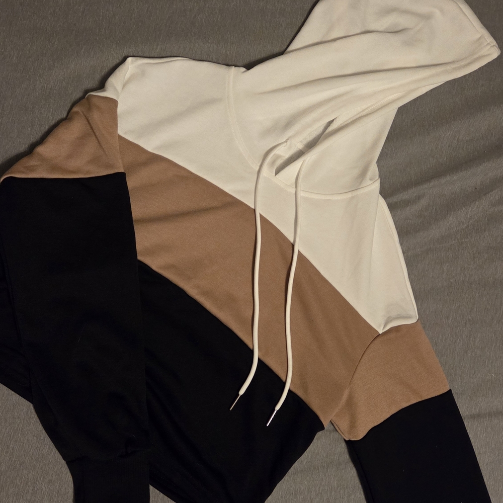 Colorblock Cropped Hoodie - Black, Brown, and White